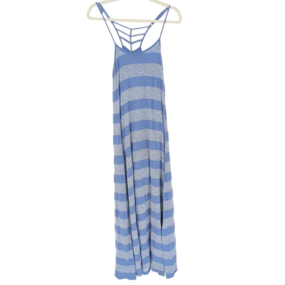 Lucy Love Blue Striped Maxi Dress M Strappy Racerback Sleeveless Beach Boho
